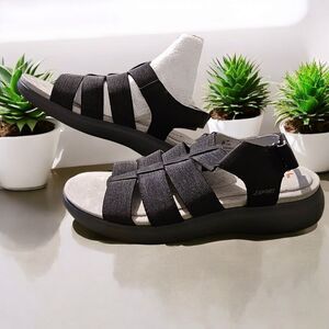 Jsport Ladies Sandals Size 6 Black Elastic Straps Open Toe Women's Hook N Loop